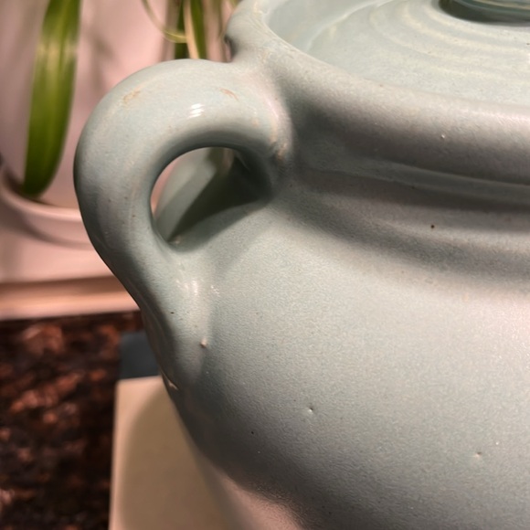 Vintage Glazed Pottery Bean Chili-Soup lg Pot w/6 crocks Signed USA Blue Green - Picture 10 of 12